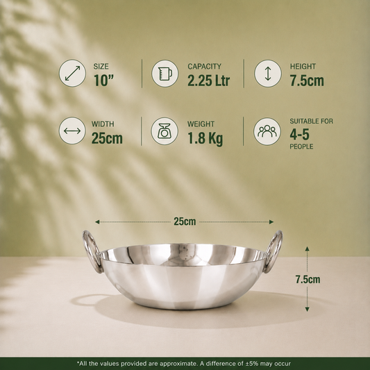 Stainless Steel Induction Deep Kadhai 2.25 Litres - 10"