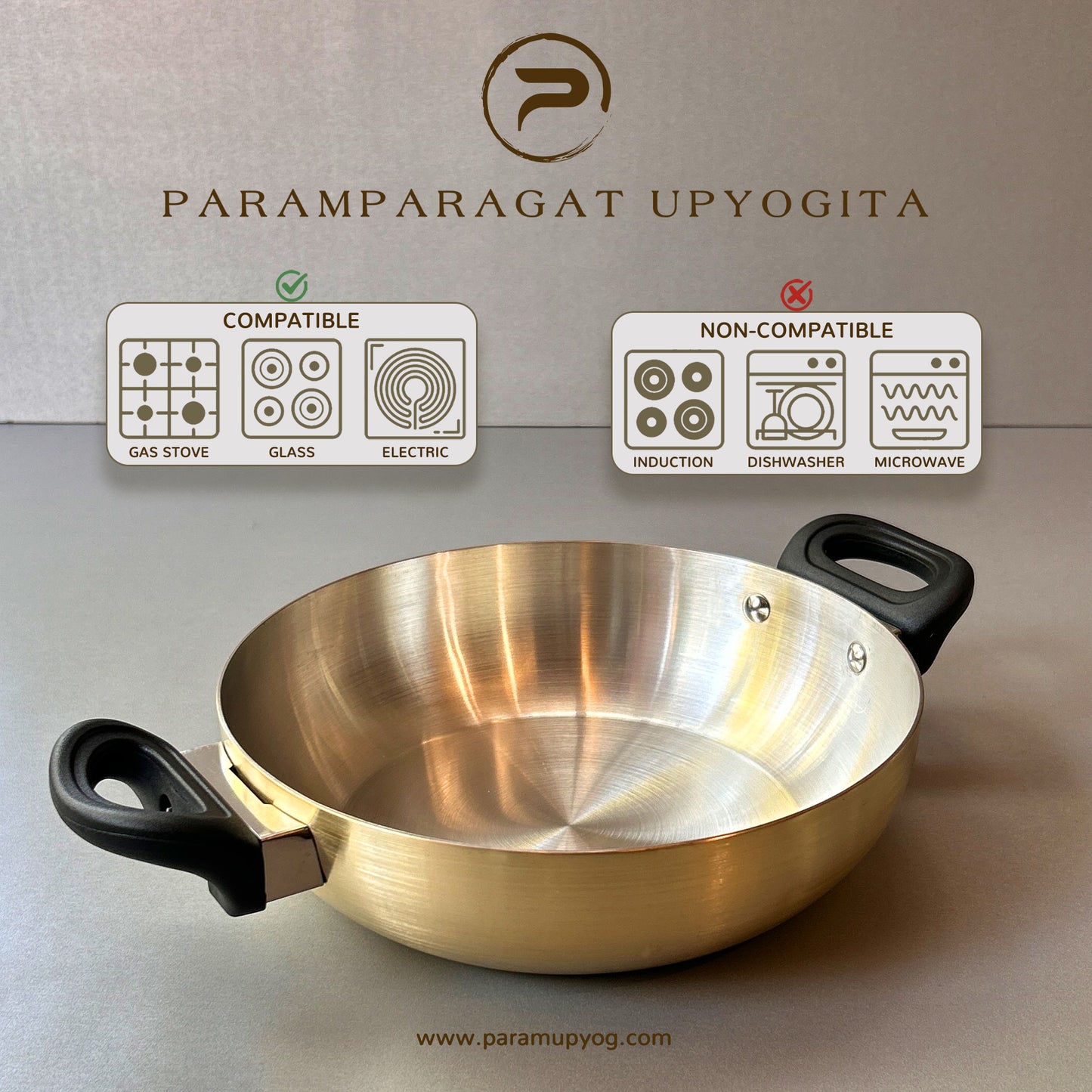 Paramparagat Upyogita Chaitanya Brass Flat Bottom Kadhai (Wok) 3.5 Ltr.