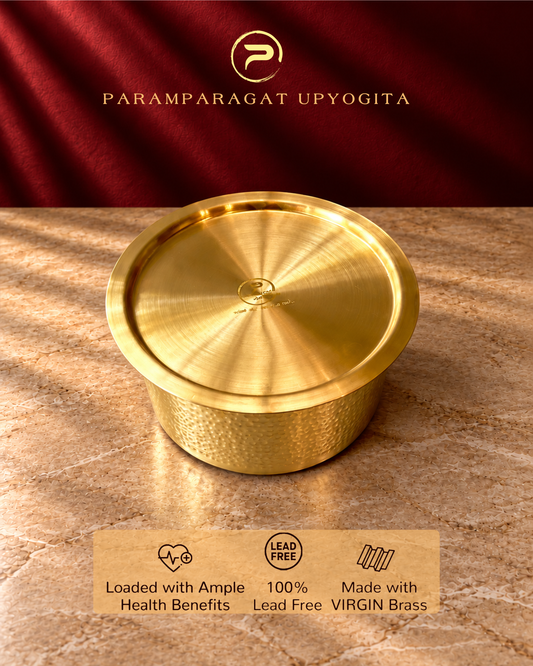 Paramparagat Upyogita Sparsh Hammered Brass Bhagona with Lid and Kalai – 1.5 Liters