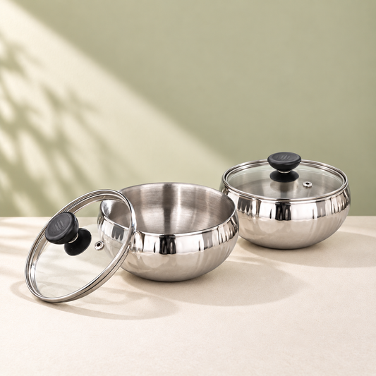 Param Upyog Stainless Steel Double Wall Serving Bowls with Glass Lids – Set of 2