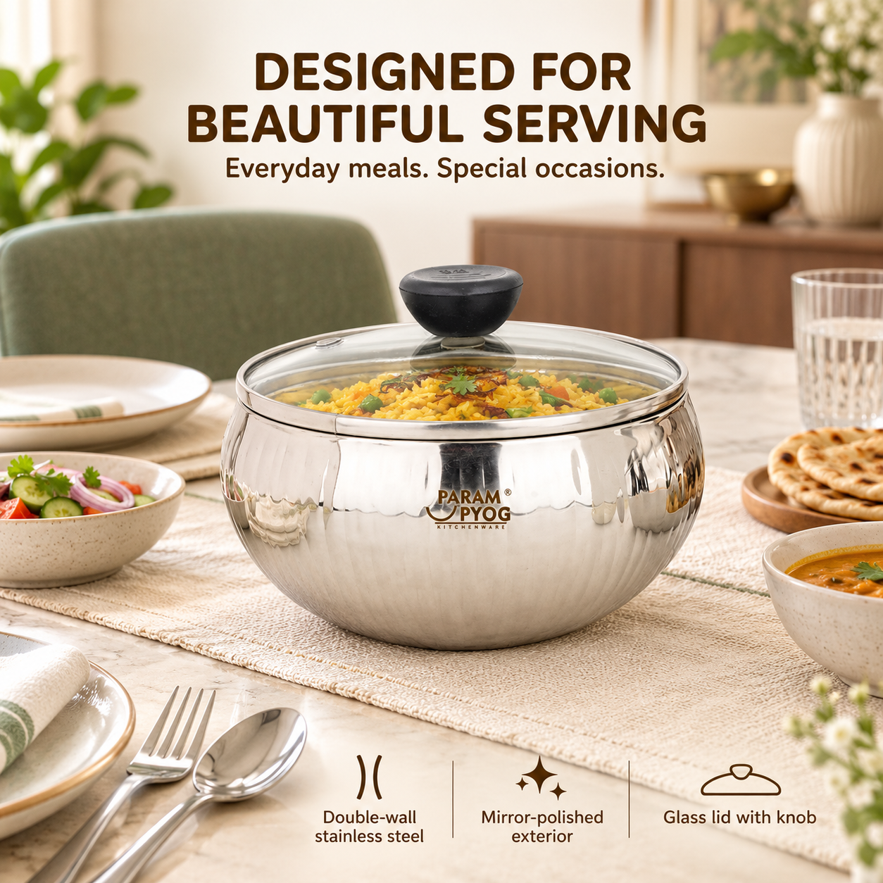 Param Upyog Stainless Steel Double Wall Serving Bowl with Glass Lid