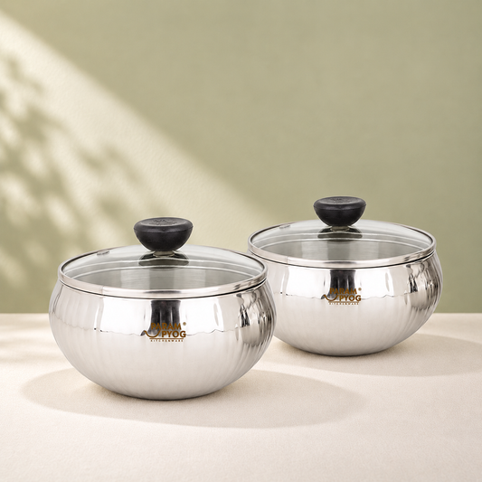 Param Upyog Stainless Steel Double Wall Serving Bowls with Glass Lids – Set of 2