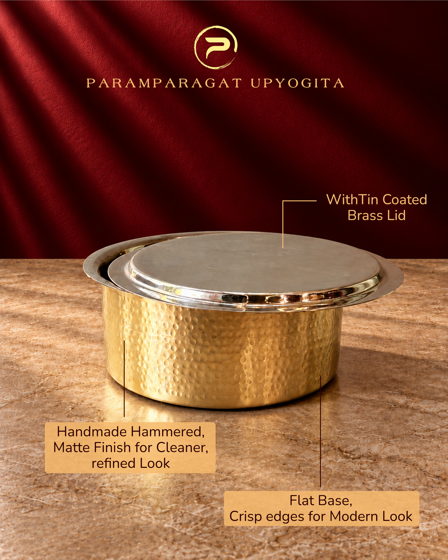 Paramparagat Upyogita Sparsh Hammered Brass Bhagona with Lid and Kalai – 2.5 Liters