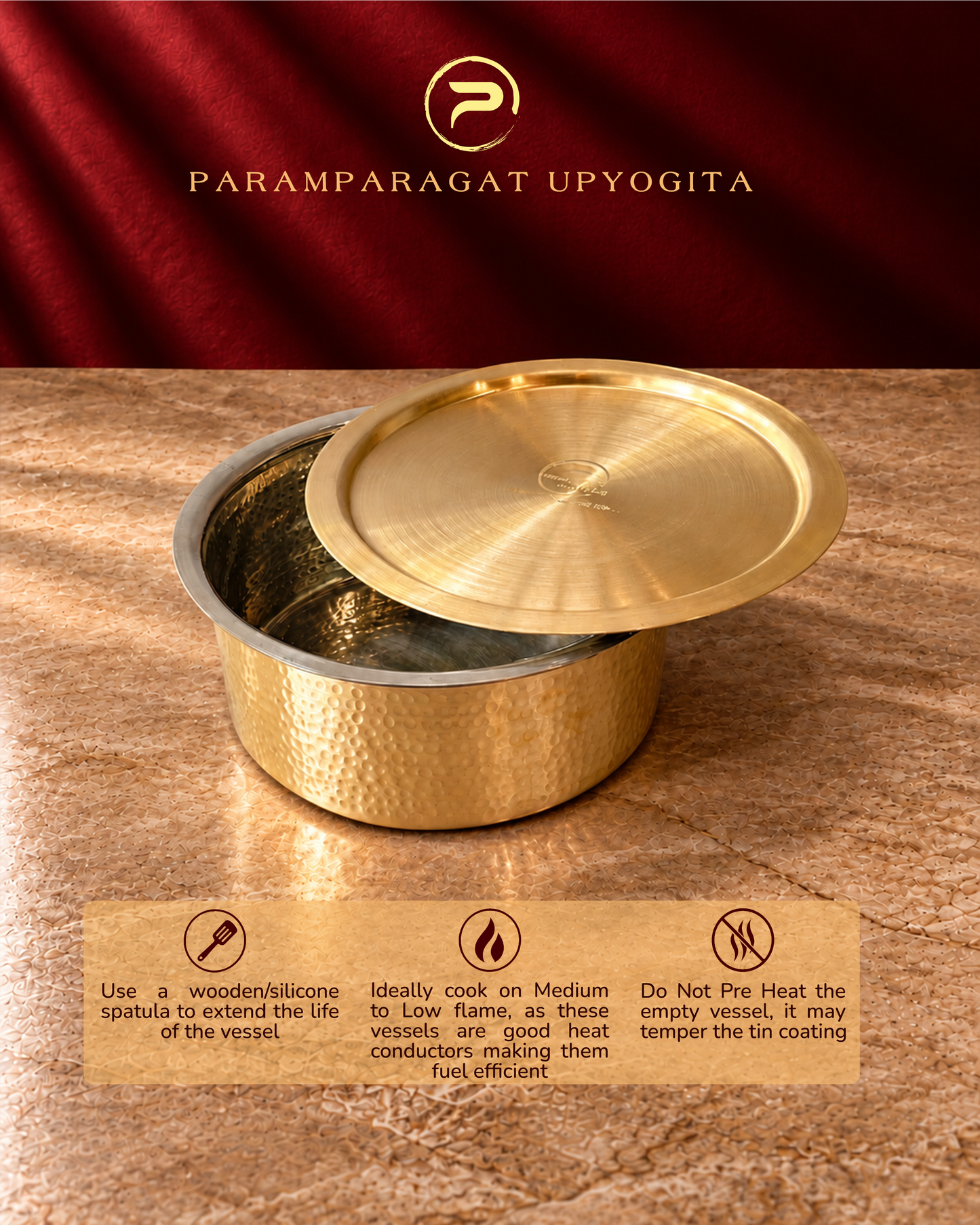 Paramparagat Upyogita Sparsh Hammered Brass Bhagona with Lid and Kalai – 2.5 Liters