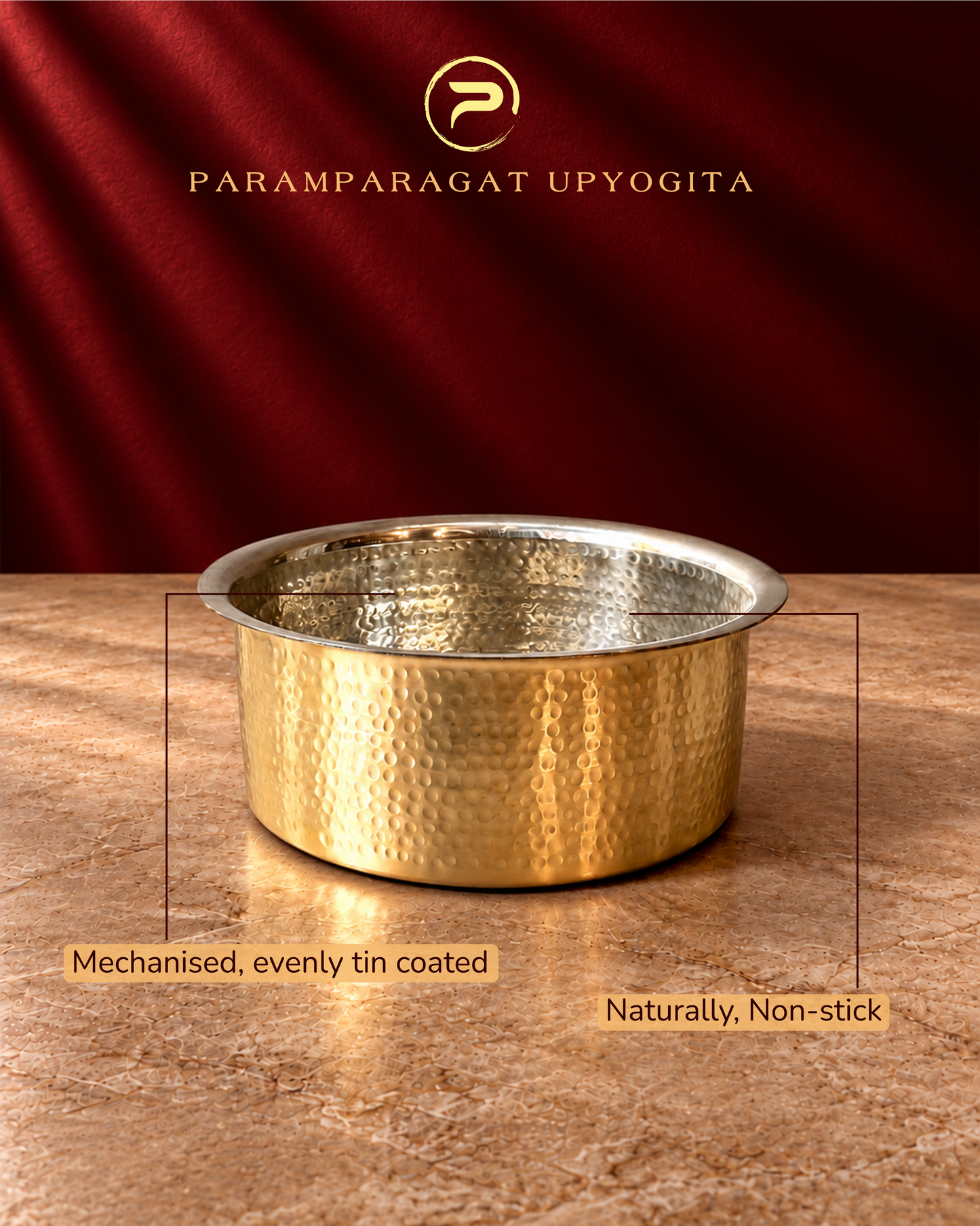 Paramparagat Upyogita Sparsh Hammered Brass Bhagona with Lid and Kalai – 2.5 Liters