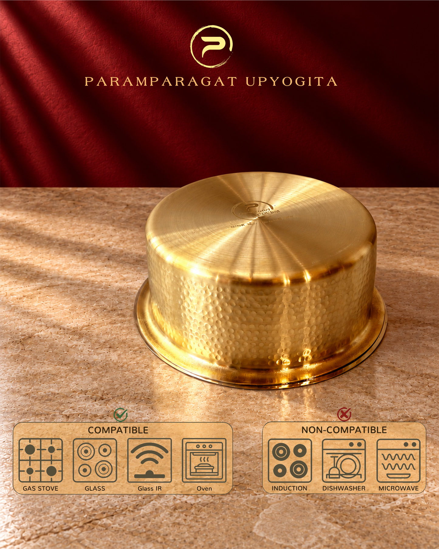 Paramparagat Upyogita Sparsh Hammered Brass Bhagona with Lid and Kalai – 2.5 Liters