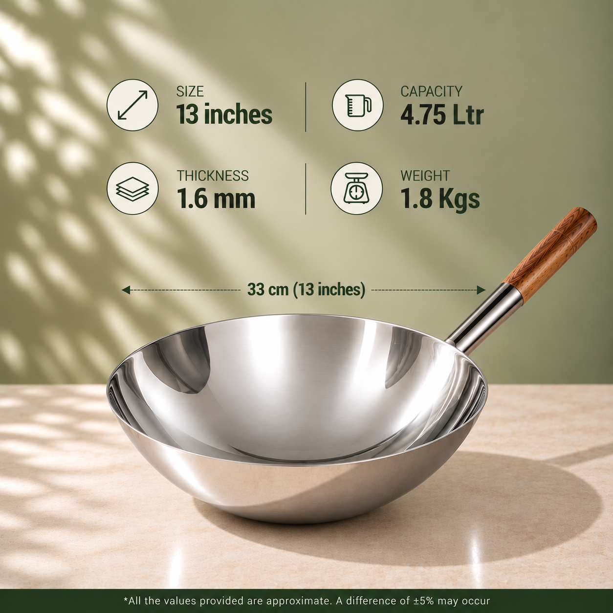 Param Upyog Stainless Steel Chinese Wok/Kadhai 13"