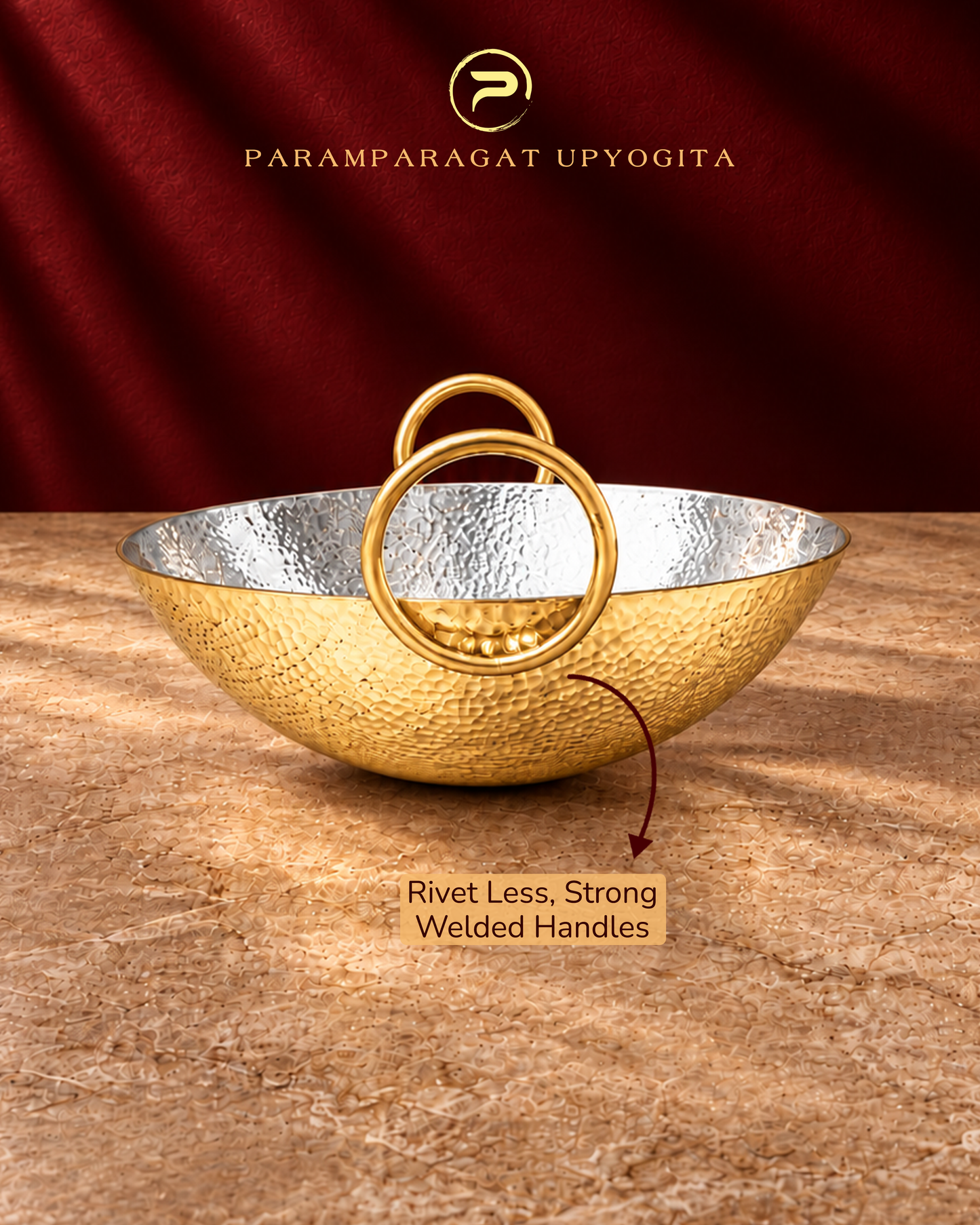 Paramparagat Upyogita Sparsh Hammered Brass Deep Kadhai 2.5mm thick with Kalai 1.5 Liters
