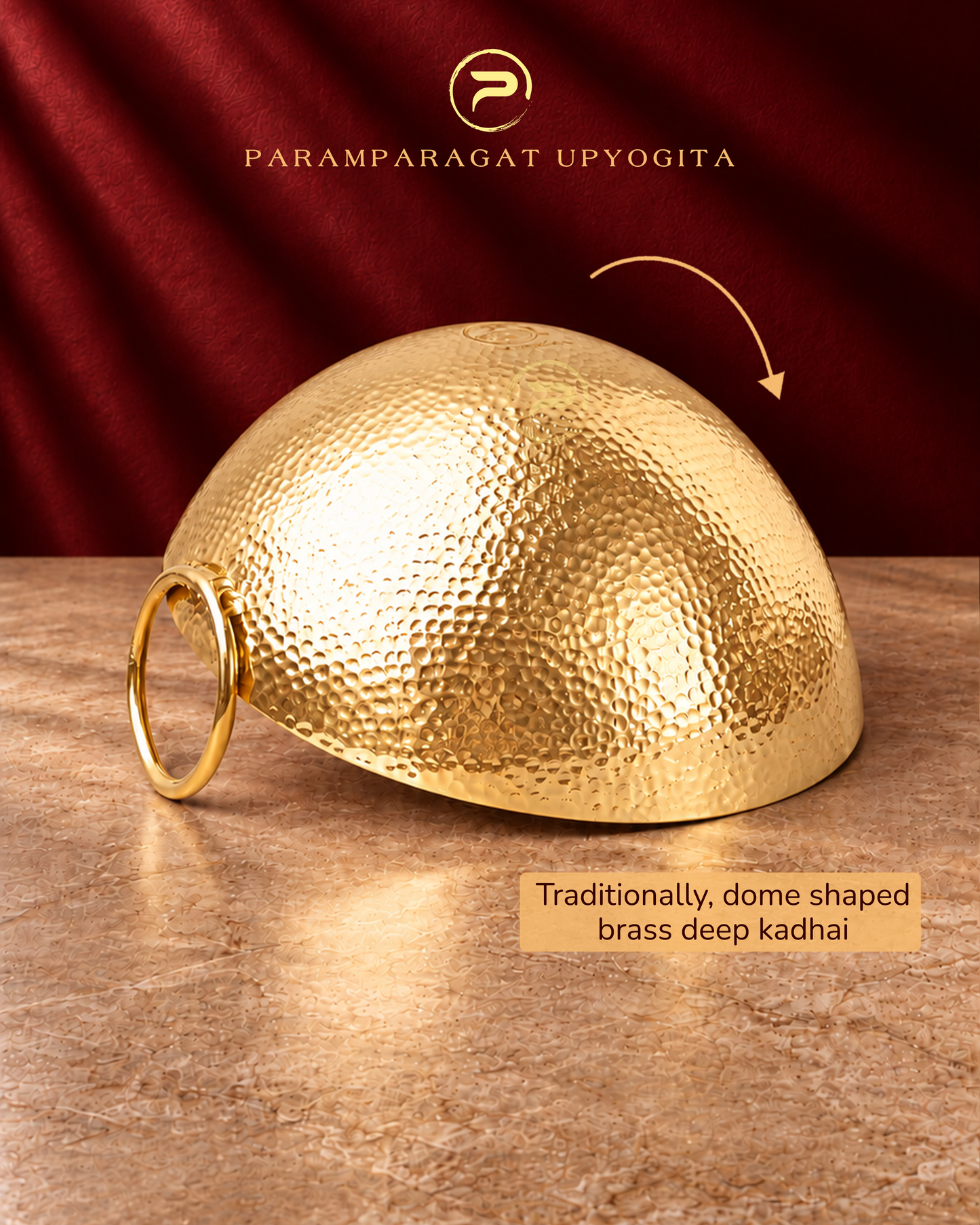 Paramparagat Upyogita Sparsh Hammered Brass Deep Kadhai 2.5mm thick with Kalai 1.5 Liters