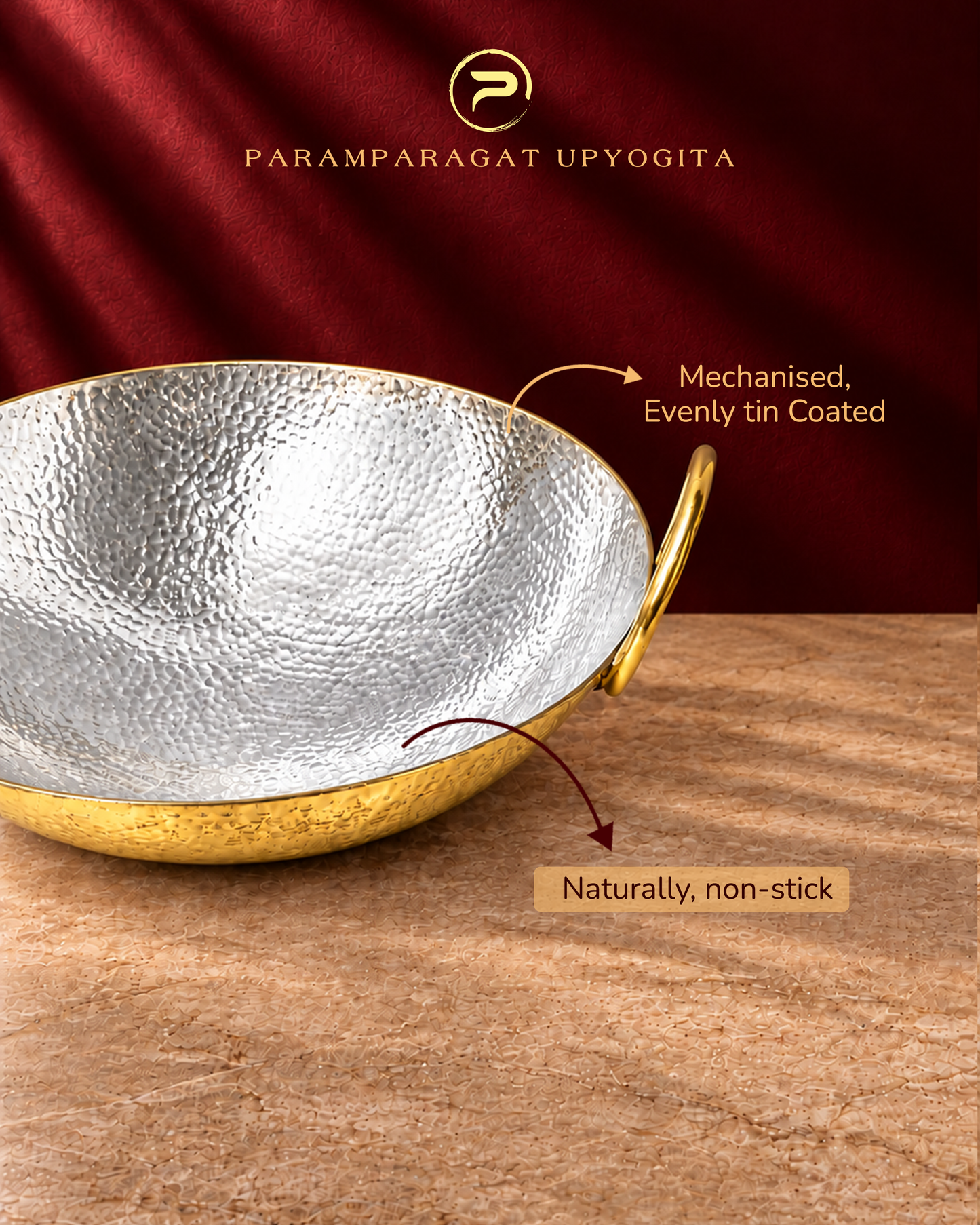 Paramparagat Upyogita Sparsh Hammered Brass Deep Kadhai 2.5mm thick with Kalai 1.5 Liters