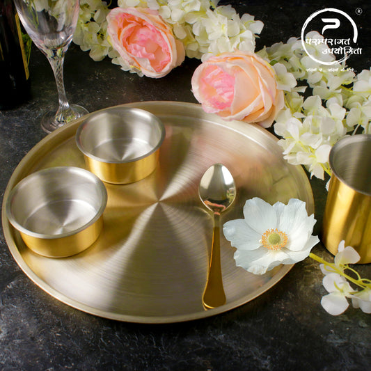 Pure Brass Thali Set | Dinner Set | Engraved Flowers Design - 7 Pieces Pital